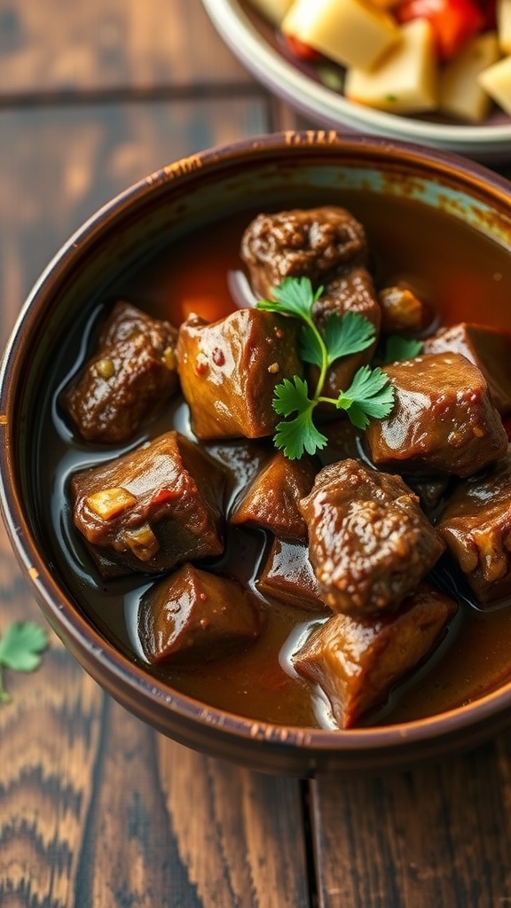 A bowl of oxtail stew with tender meat in savory broth, garnished with parsley, on a rustic table.